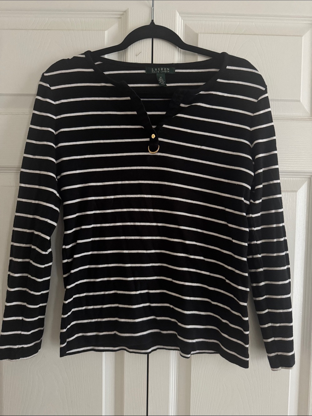 Ralph Lauren Black and White Striped Long Sleeve Henley Top